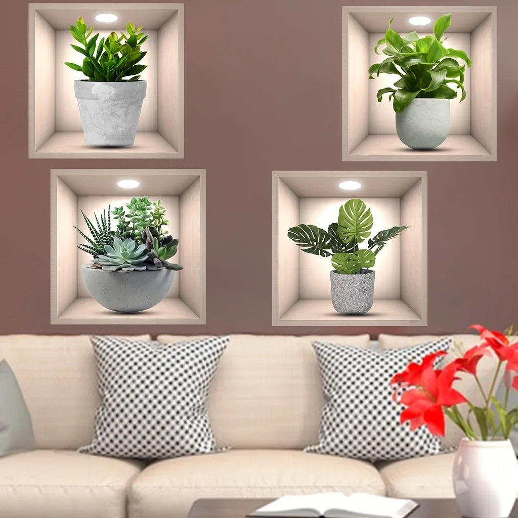 4pcs Plant Decor Stickers, PVC Wall Stickers For Living Room, Bedroom, Office, Self-adhesive Home Decor Stickers