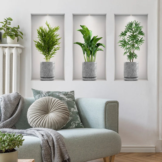 Green Plant Wall Sticker 3D Potted Plant Flower Triptych Painting Posters Living Room Foyer Decoration Wall Hole Repair Sticker