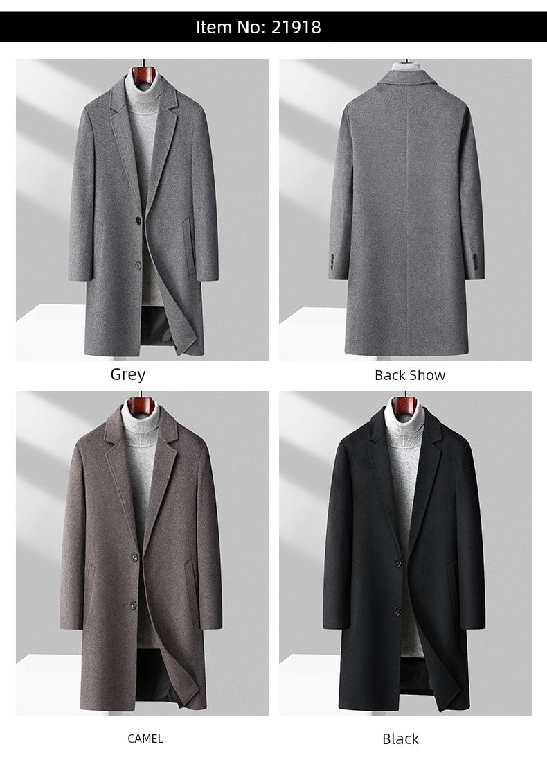 Fall and Winter Reversible Woolen Coat Men Classy Cashmere 100% Wool Trench Coat British Style Mid Length Long Length Trench Coat Outwear Thick