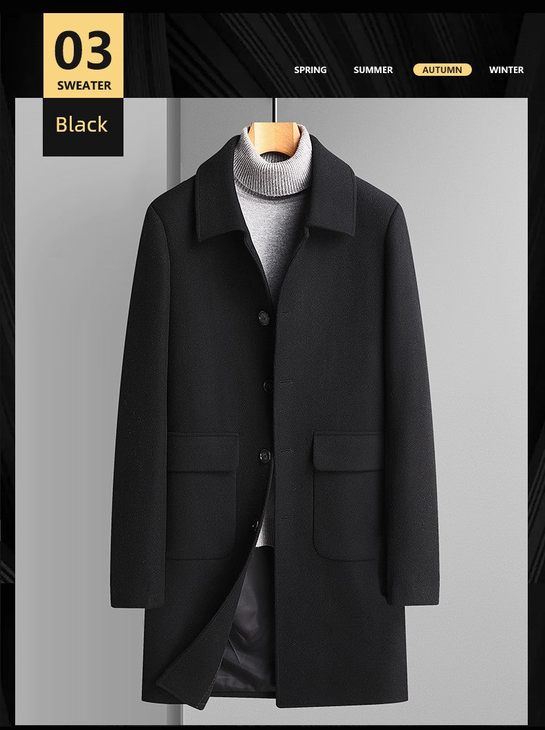 Fall and Winter Reversible Woolen Coat Men Classy Cashmere 100% Wool Trench Coat British Style Mid Length Long Length Trench Coat Outwear Thick