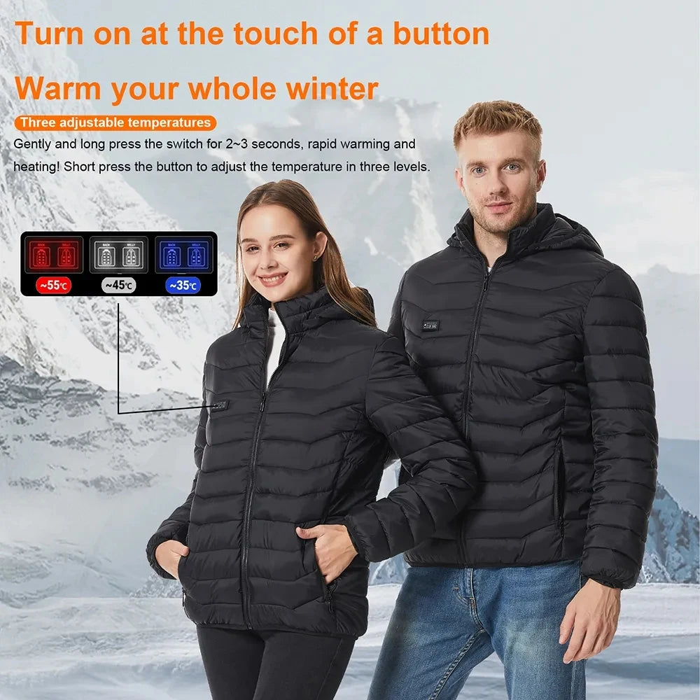 Heated Jacket, USB Intelligent Dual Control Switch 9-19 Zone Heated Jacket, Men's Women's Warm Cotton Jacket with Removable Hood