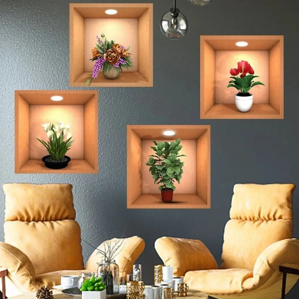 PVC Creative Green Plant Simulate 3D Wallpapers Self Adhesive Simple Plant Potted Wall Stickers Living Room Decorations