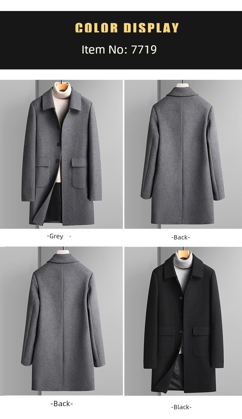 Fall and Winter Reversible Woolen Coat Men Classy Cashmere 100% Wool Trench Coat British Style Mid Length Long Length Trench Coat Outwear Thick