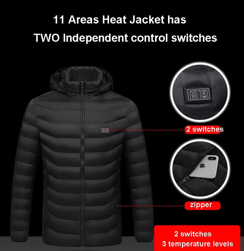 19/11/9 Areas Heated Jacket Men Electric Heating Jackets Heated Down Coat Men Women Clothing Winter Heatable Cotton Jacket Veste