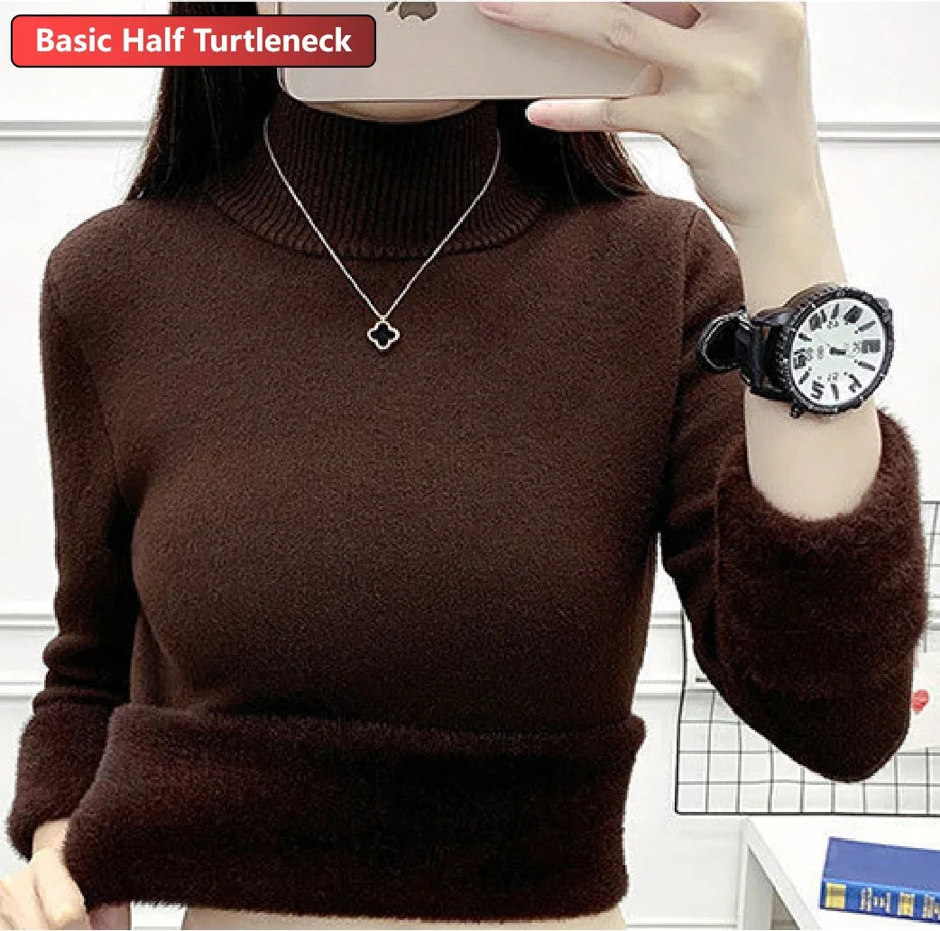 Turtleneck Winter Sweater Women Elegant Thicken Velvet Lined Warm Sueter Knitted Pullover Slim Tops Jersey Knitwear Jumper New