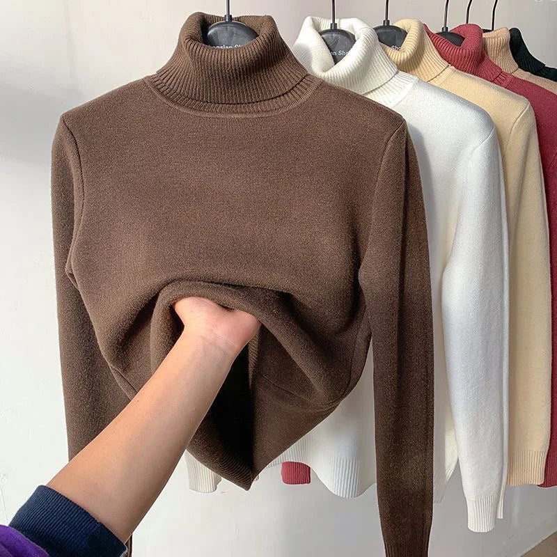 Turtleneck Winter Sweater Women Elegant Thicken Velvet Lined Warm Sueter Knitted Pullover Slim Tops Jersey Knitwear Jumper New